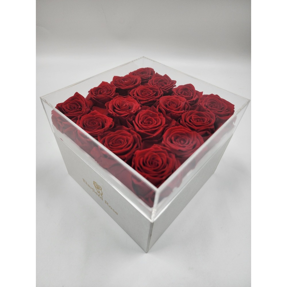 Eterfield Rose Preserved Red Roses in White Square Box with Acrylic Lid 16 Count